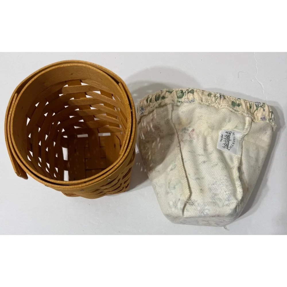 Longaberger 2003 Small Handmade Basket with Floral Fabric Liner Brown Woven Wood